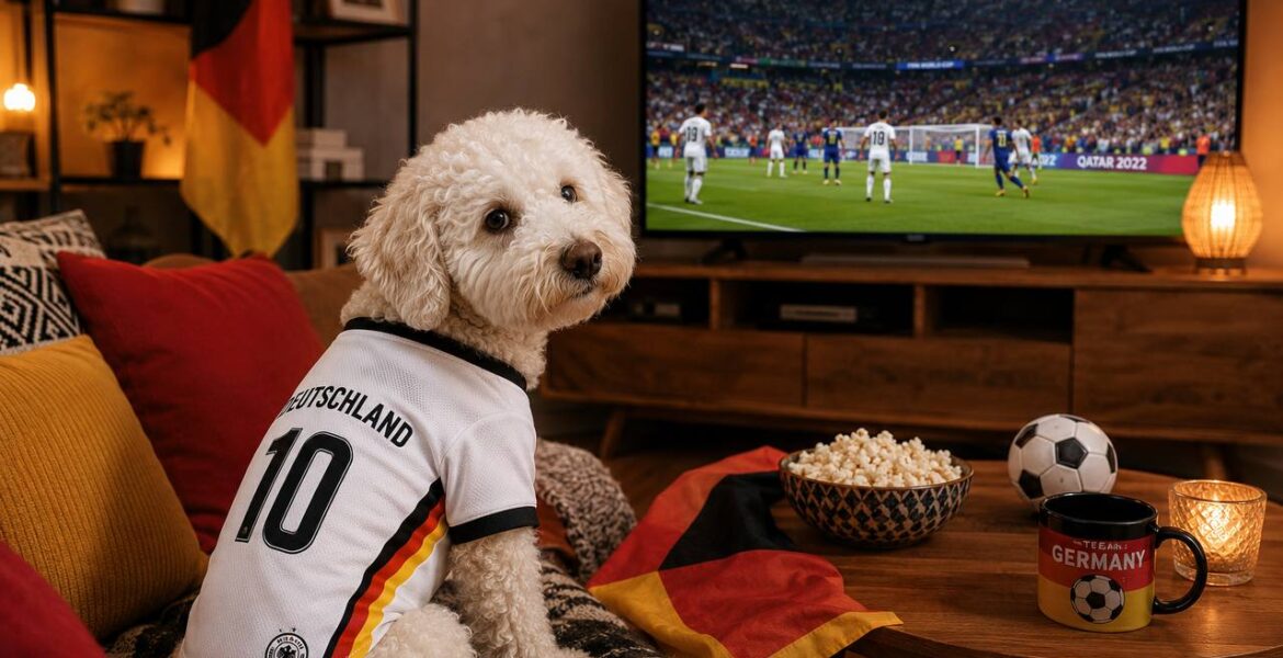 Hunde bei der WM – Luna im Deutschland-Trikot beim Fußballschauen