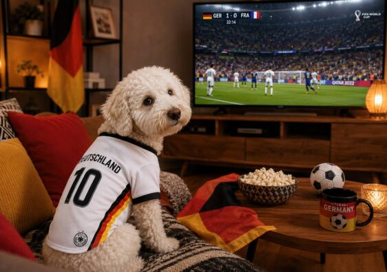 Hunde bei der WM – Luna im Deutschland-Trikot beim Fußballschauen