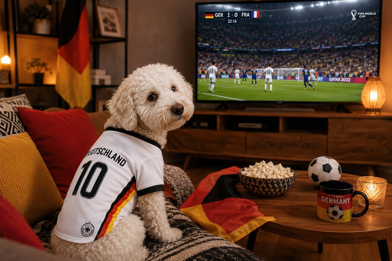 Hunde bei der WM – Luna im Deutschland-Trikot beim Fußballschauen