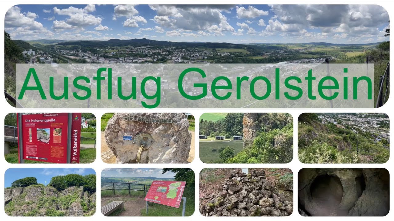 Panoramablick auf Gerolstein mit Info-Tafeln, Felsenquelle und Höhlenansicht.