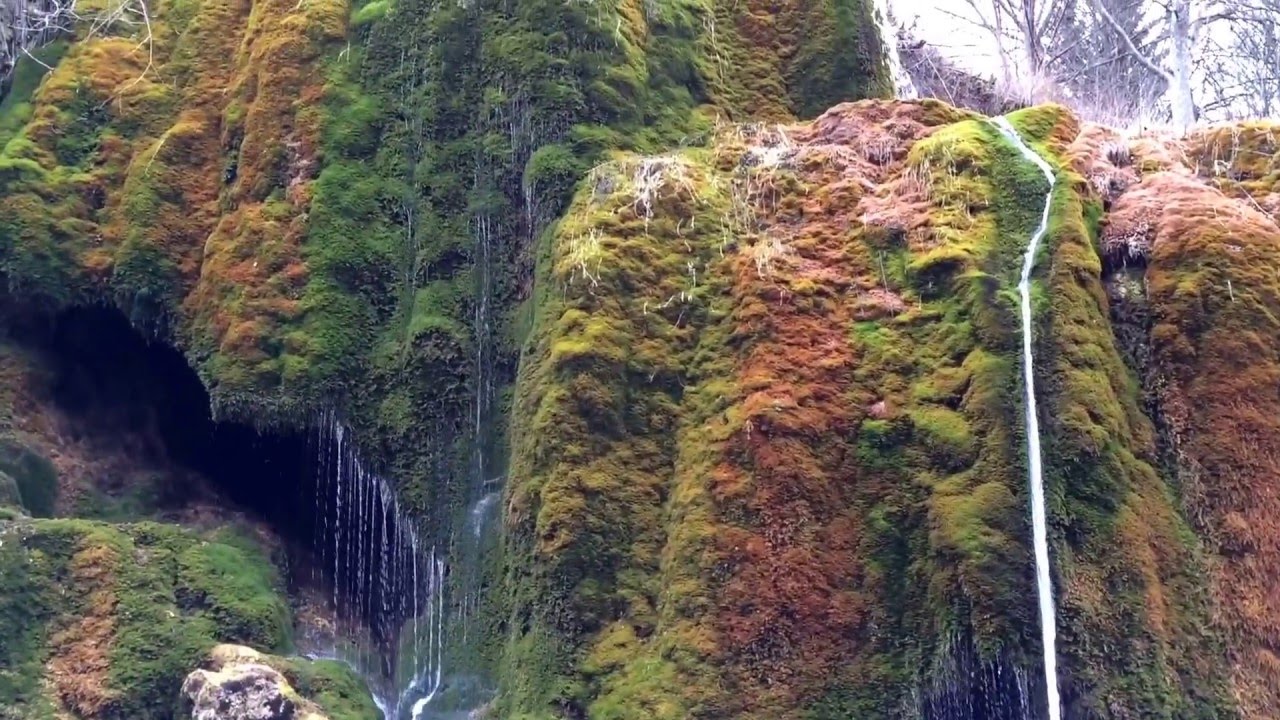 Wasser fließt über moosbewachsene Felsen mit kleinen Wasserfällen.