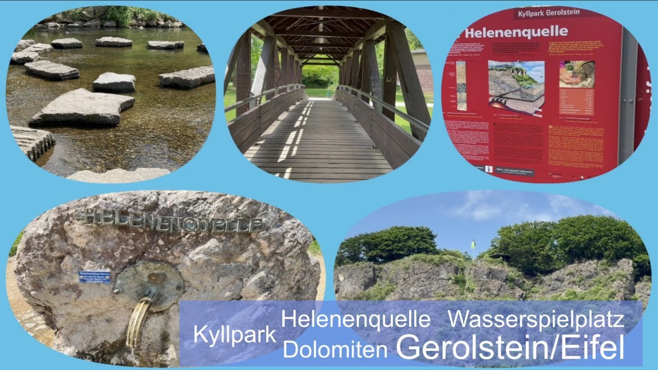Fünf Bilder zeigen die Helenenquelle im Kyllpark Gerolstein mit Stegen, Brücke, Informationstafel, Brunnen und