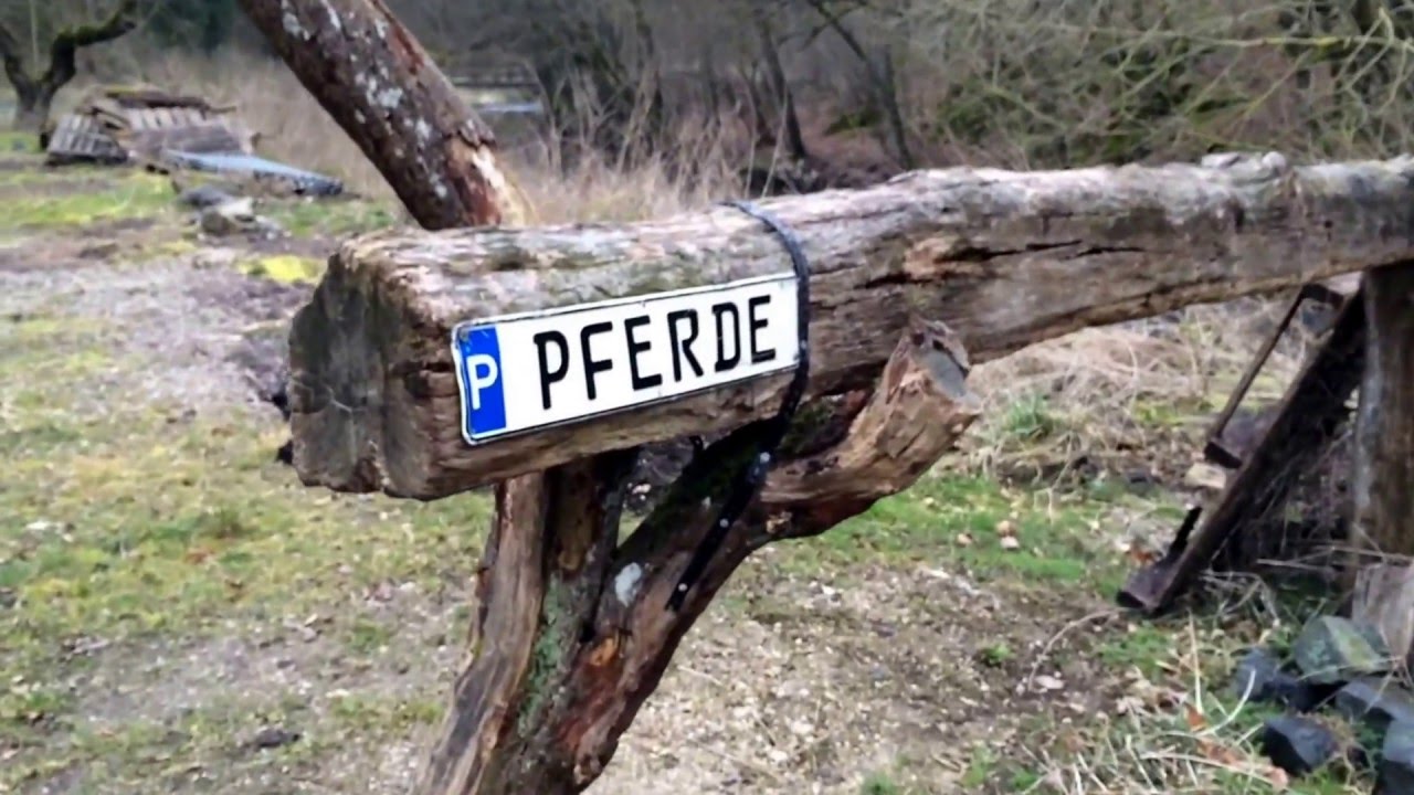 Ein weißes Schild mit blauem „P“ und der Aufschrift „PFERDE“ ist an einem rustikalen Holzpfosten befestigt.