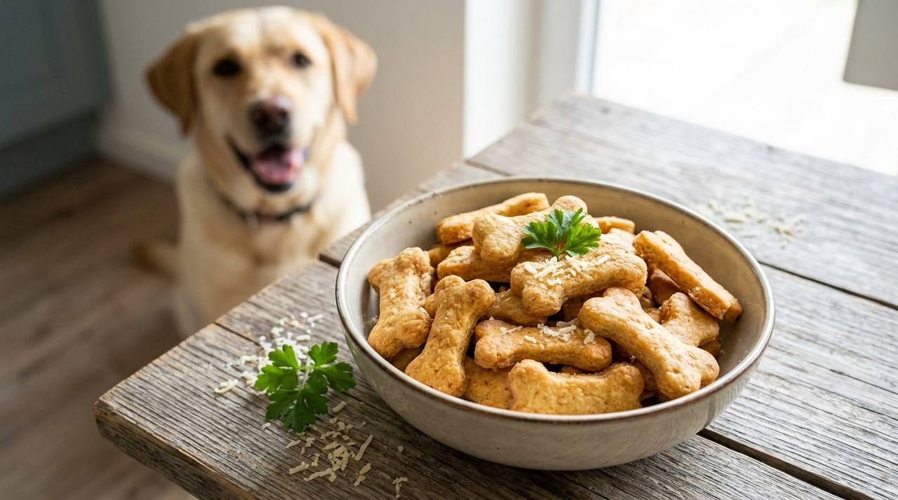 Schüssel mit knusprigen Knochenförmigen Leckerlis, Parmesan und Petersilie auf Holzplatte vor einem Labrador.