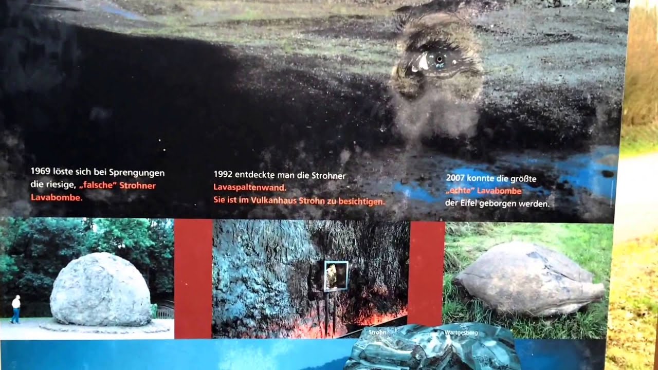 Informationsbrett mit Texten und drei Fotos von Lavabomben im Vulkanhaus Strohn.