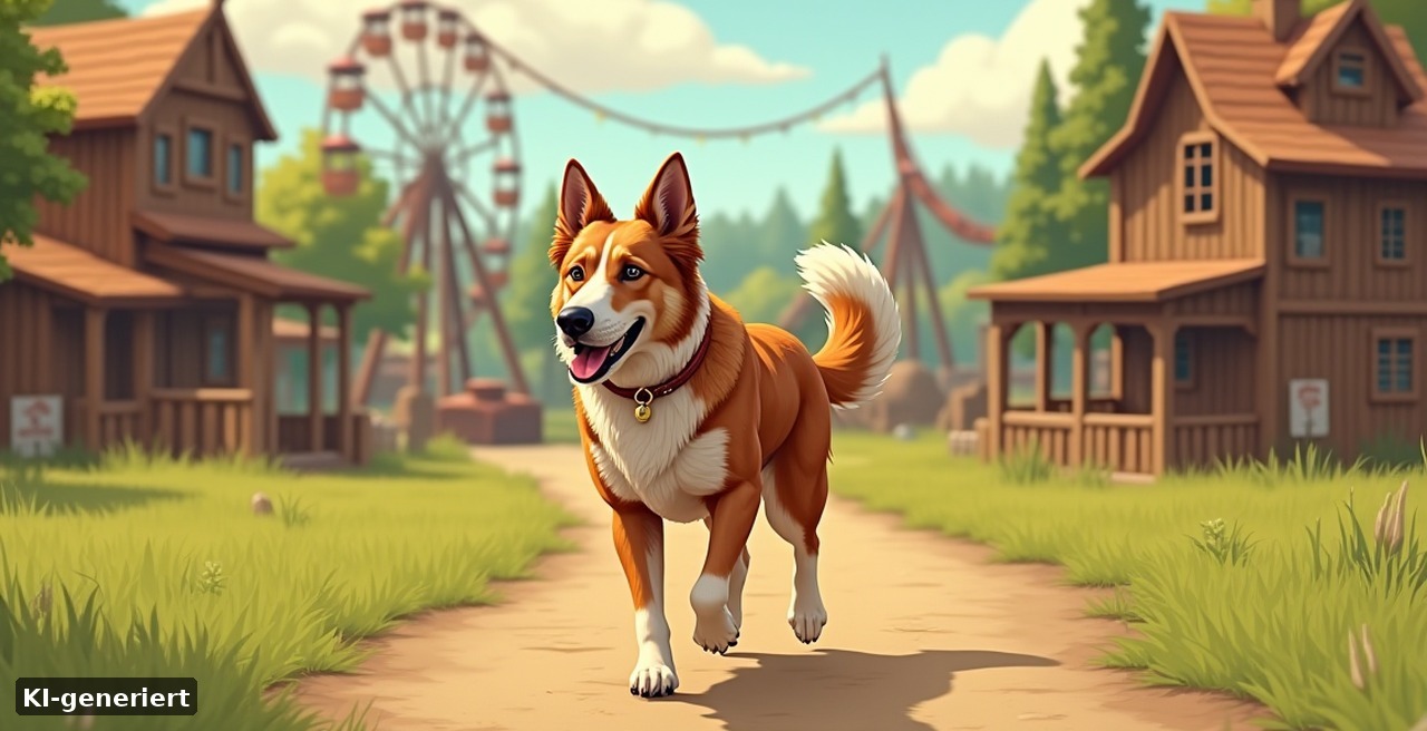 Attractiepark Slagharen mit Hund – Hund an der Leine auf dem Weg im Western-Freizeitpark in den Niederlanden (KI-generiert)
