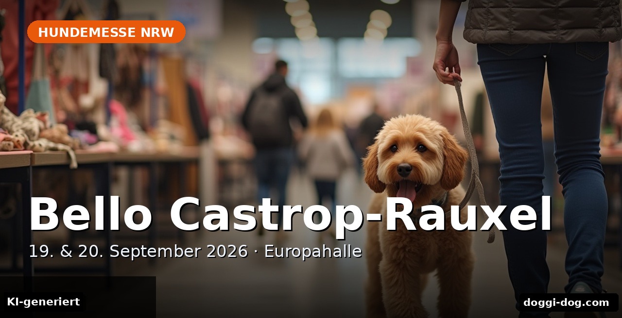 Bello Hundemesse Castrop-Rauxel – Hund an kurzer Leine neben seiner Besitzerin zwischen Messeständen in der Europahalle (KI-generiert)