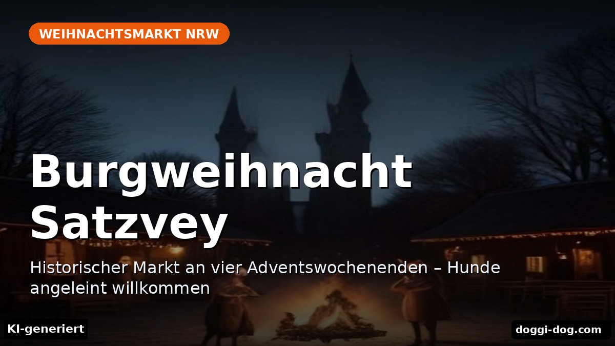 Burgweihnacht Satzvey mit Hund: Termine, Eintritt und Tipps: Historischer Markt an vier Adventswochenenden – Hunde angeleint willkommen, Text-Cover mit Titel, KI-generiert