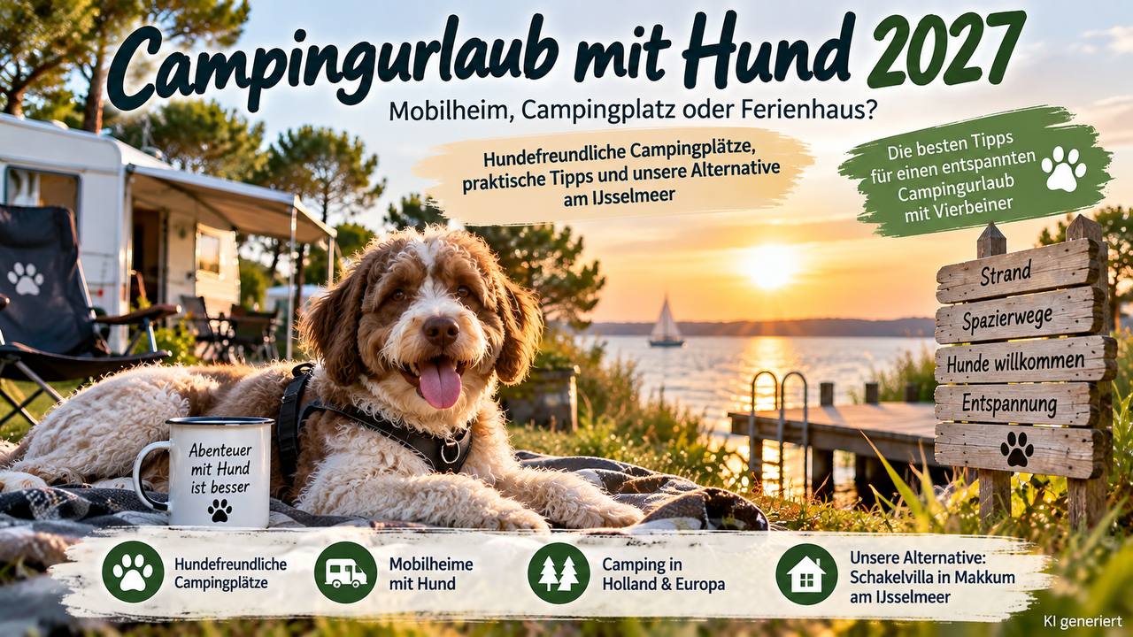 Hund liegt auf einer Decke am Seeufer, im Hintergrund Wohnmobil und Wegweiser mit Strand, Spazierwegen und Hunde willkommen - Campingurlaub mit Hund 2027