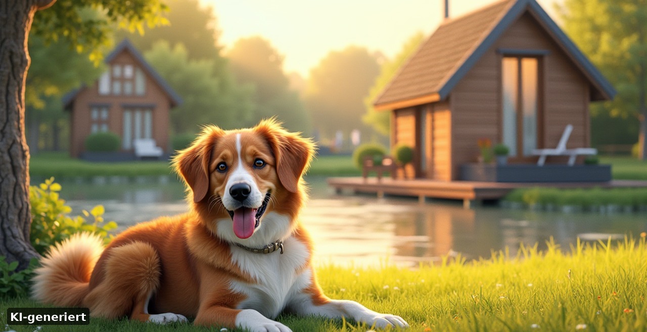 Center Parcs Het Heijderbos mit Hund – Hund auf der Wiese vor einem Ferienhaus im Ferienpark in den Niederlanden (KI-generiert)
