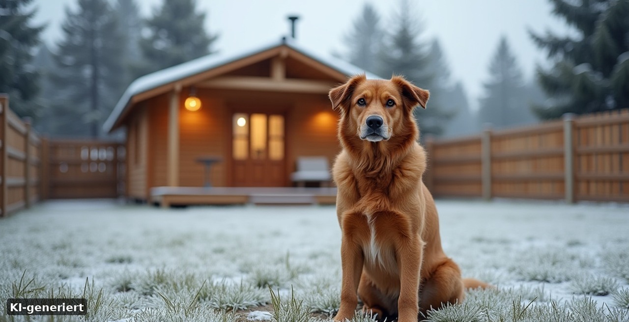 Hund im eingezäunten Garten vor einem Ferienhaus im Winter (KI-generierte Darstellung)