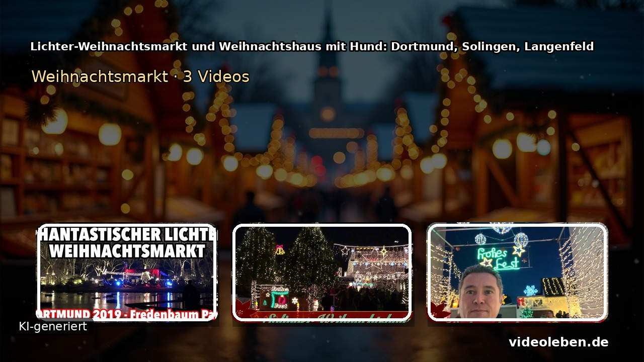 Lichter-Weihnachtsmarkt und Weihnachtshaus mit Hund: Dortmund, Solingen, Langenfeld (3 Video-Motive, KI-generierter Hintergrund)