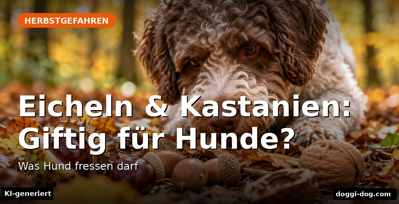 Braun-weißer Lagotto liegt im Herbstlaub zwischen Eicheln, Kastanien und Walnüssen – Beitragsbild (KI-generiert)