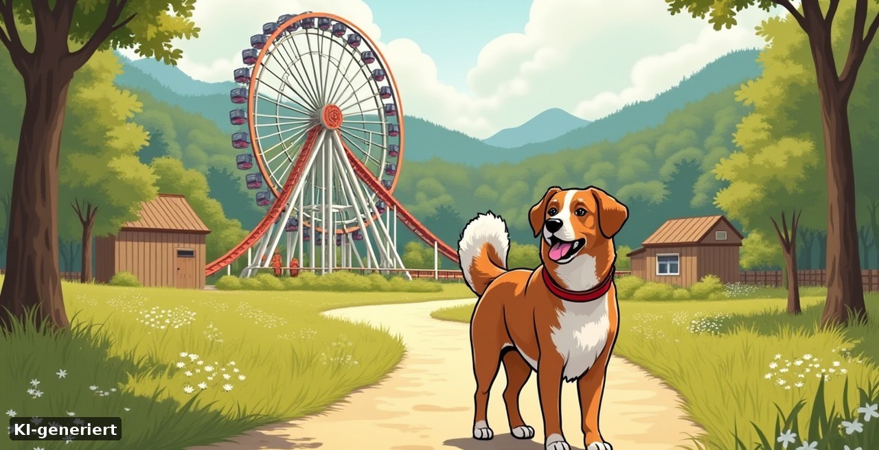 Eifelpark mit Hund – Hund an der roten Leine auf dem Weg im Freizeit- und Tierpark in der Eifel (KI-generiert)