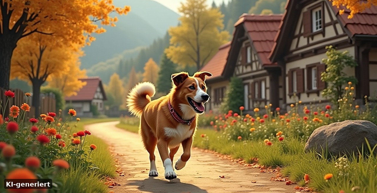 Freilichtmuseum Lindlar mit Hund – Hund an der Leine auf dem Weg zwischen alten Fachwerkhäusern im Bergischen Land (KI-generiert)