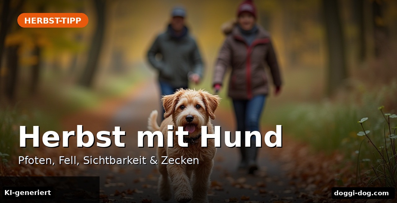 Herbst mit Hund – Lagotto-Hündin mit reflektierendem Geschirr an der Leine auf nassem Waldweg im Herbstlaub (KI-generiert)