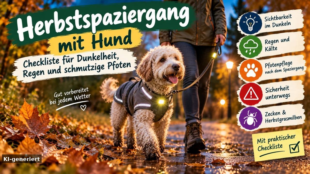 Herbstspaziergang mit Hund: Checkliste für Dunkelheit, Regen und schmutzige Pfoten (KI-generiert)