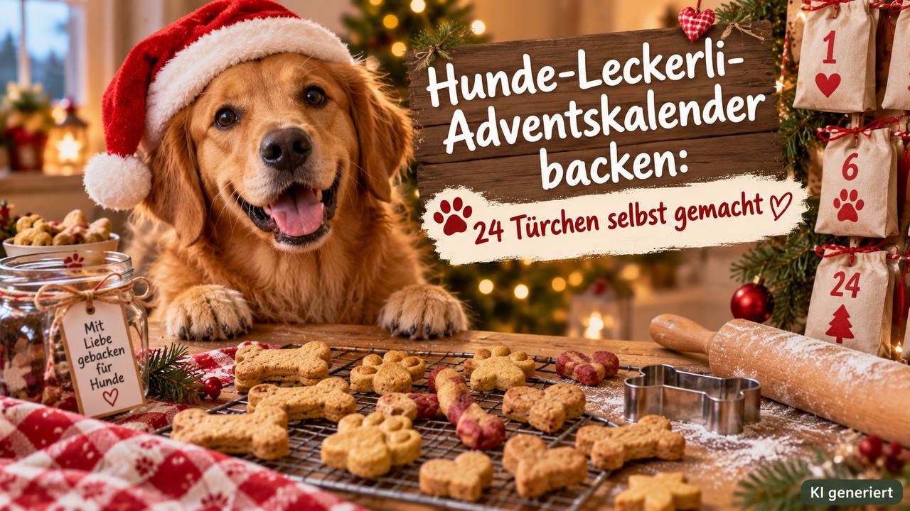 Hunde-Leckerli-Adventskalender backen: selbst gebackene Knochen- und Pfotenkekse auf einem Gitter, daneben Mehl, Nudelholz und ein Adventskalender aus Jutebeuteln