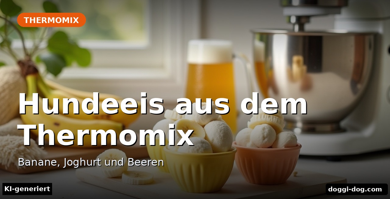 Hundeeis aus dem Thermomix: Eis aus Banane, Joghurt und Beeren in Silikonformen, daneben eine Küchenmaschine mit Mixtopf (KI-generiert)