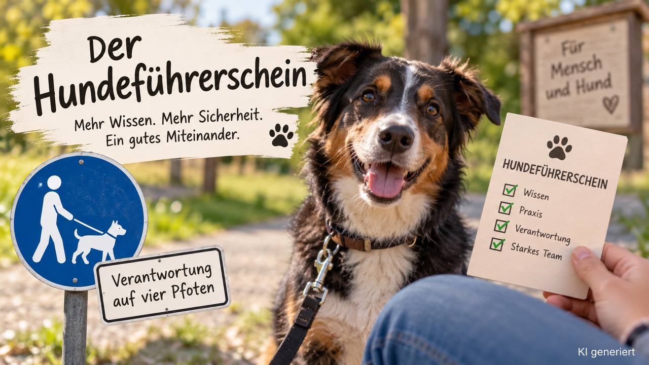 Hundeführerin mit Australian Shepherd an der Leine im Park hält eine Karte mit den Punkten Wissen, Praxis, Verantwortung und Starkes Team – Schild mit Piktogramm Mensch und Hund (KI-generiert)