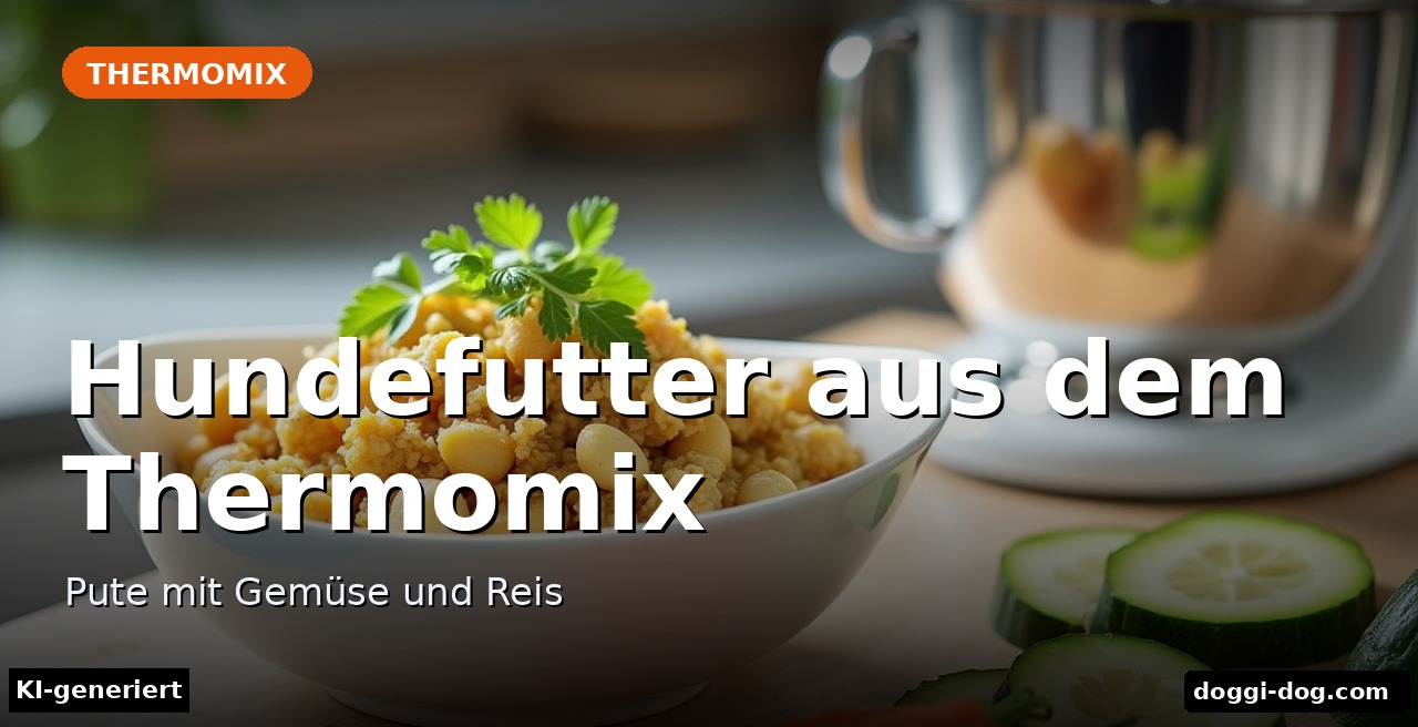 Hundefutter aus dem Thermomix: Pute mit Möhren, Zucchini und Reis in einem Napf, daneben eine Küchenmaschine (KI-generiert)