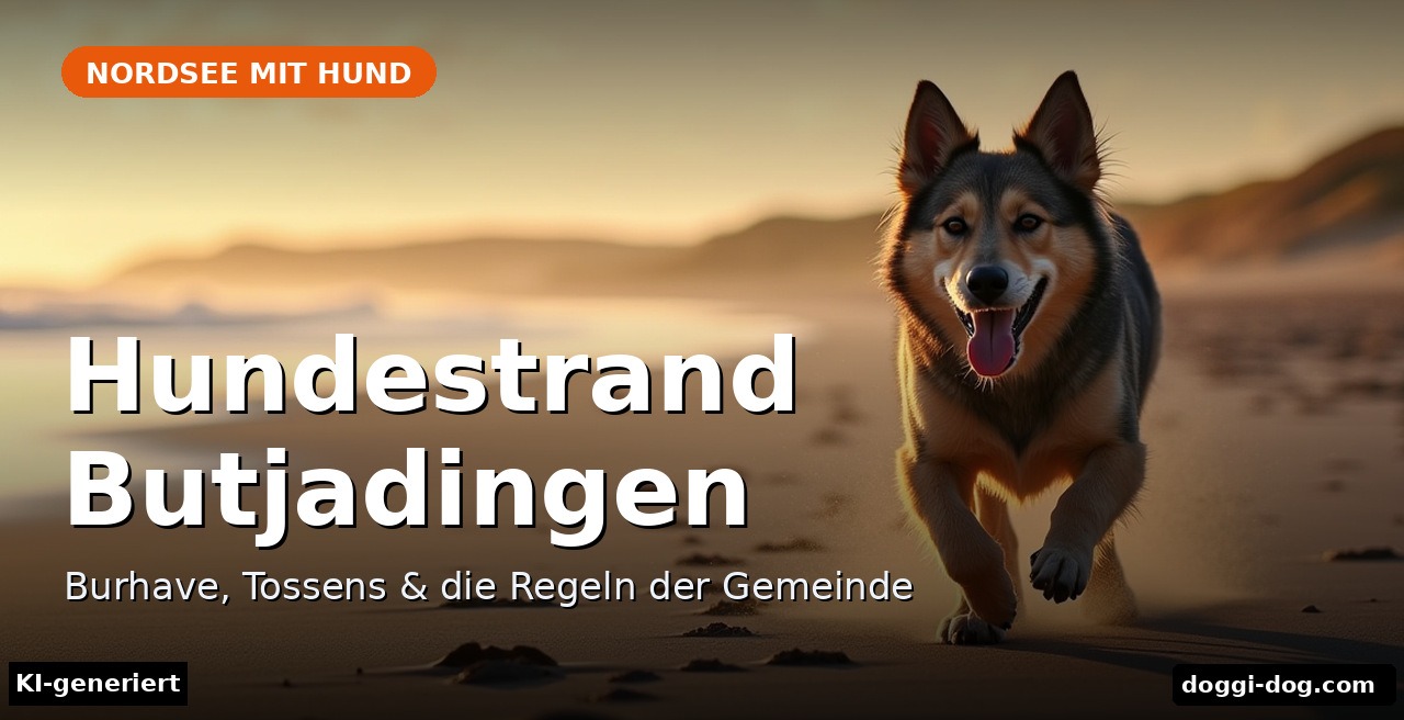 Text-Cover: Hund läuft am Wattstrand bei Butjadingen, Titel „Hundestrand Butjadingen" (KI-generiert)