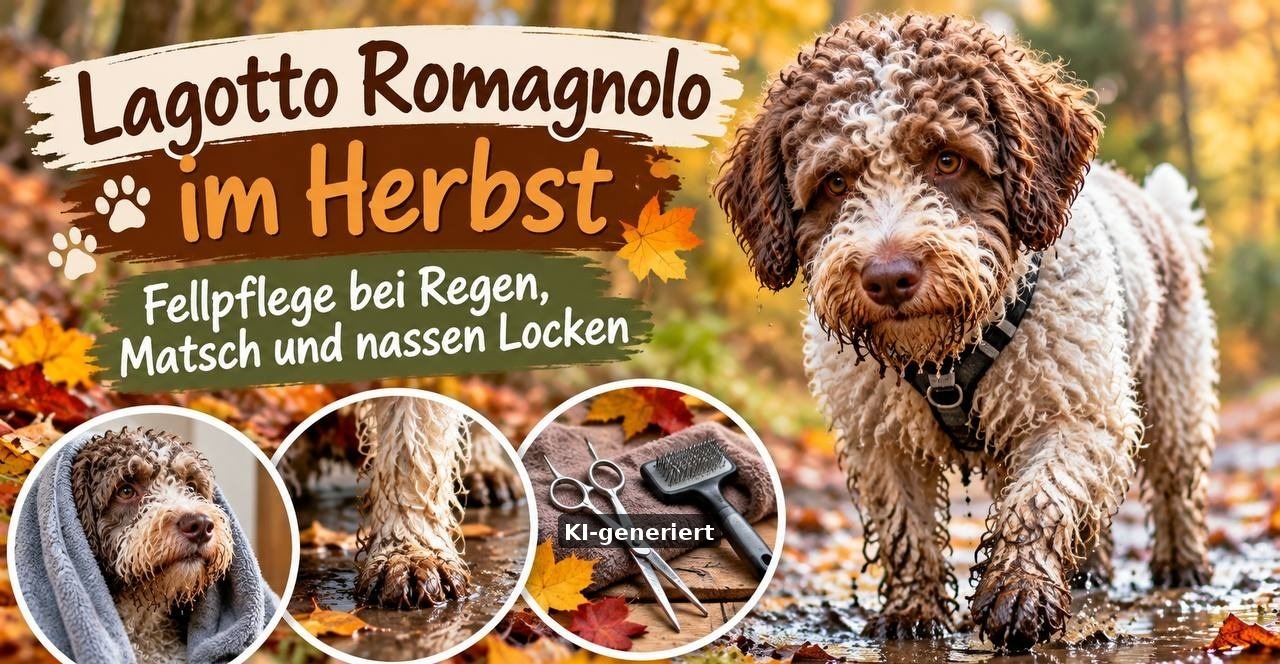 Lagotto Romagnolo im Herbst: nasses Lockenfell nach Regen und Matsch, daneben Handtuch, schlammige Pfoten und Pflegewerkzeug – Beitragsbild (KI-generiert)