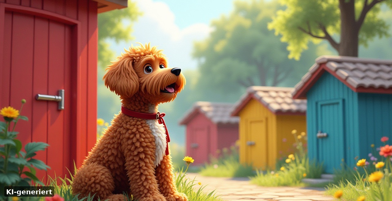 LEGOLAND Billund mit Hund – Hund an der roten Leine vor bunten Baustein-Türmen im Freizeitpark (KI-generiert)