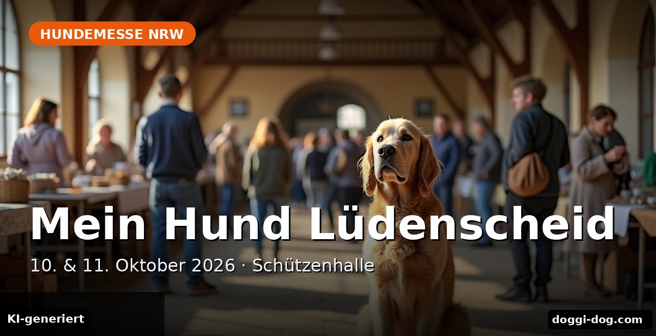 Hundemesse in einer alten Halle – Lagotto-Romagnolo-Hündin an kurzer Leine zwischen Ausstellerständen (KI-generiert)