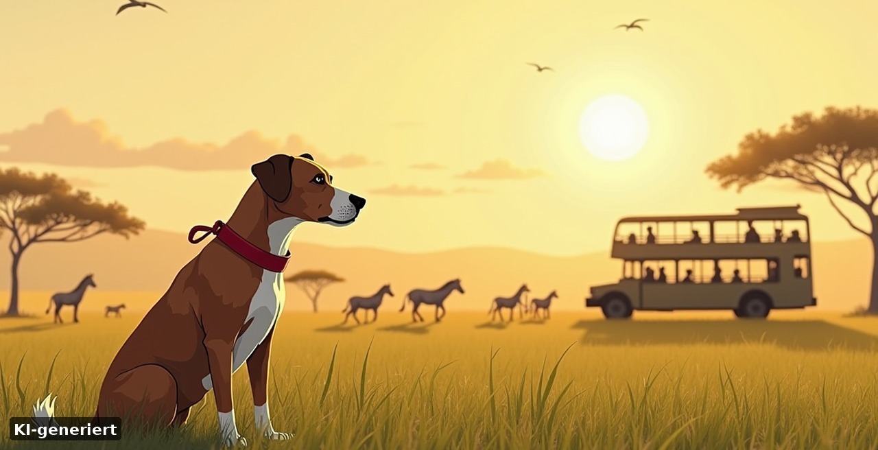 Serengeti-Park mit Hund – Hund an der Leine vor der Safari-Wiese mit Giraffen und Zebras in Hodenhagen (KI-generiert)