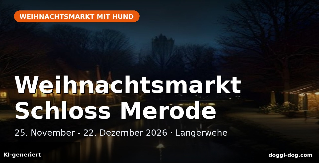 Weihnachtsmarkt Schloss Merode mit Hund: beleuchtetes Wasserschloss im Advent mit Hund an der Leine, Text-Cover mit Titel, KI-generiert