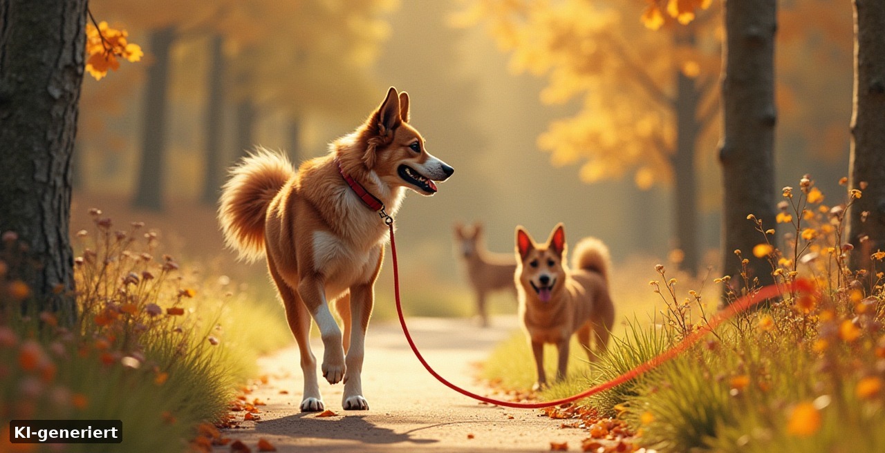 Wildpark Frankenhof mit Hund – Hund an der Leine auf dem Waldweg im Wildpark im Münsterland (KI-generiert)