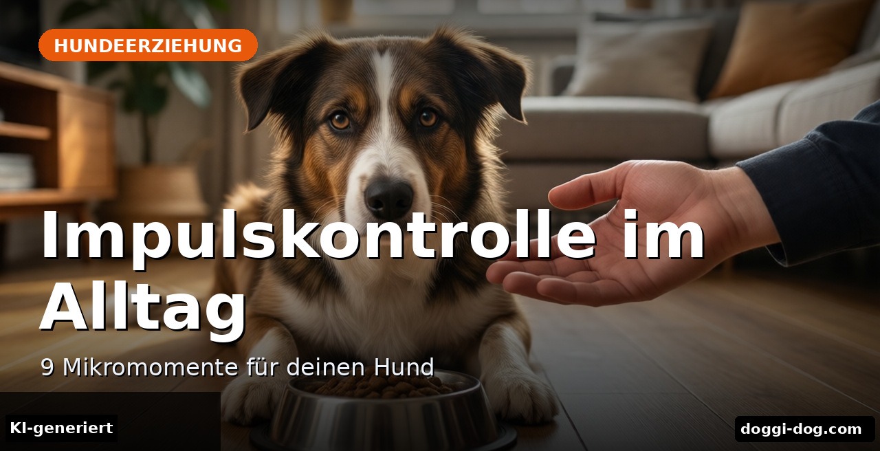 Hund wartet ruhig vor seinem Futternapf im Wohnzimmer (KI-generierte Darstellung)