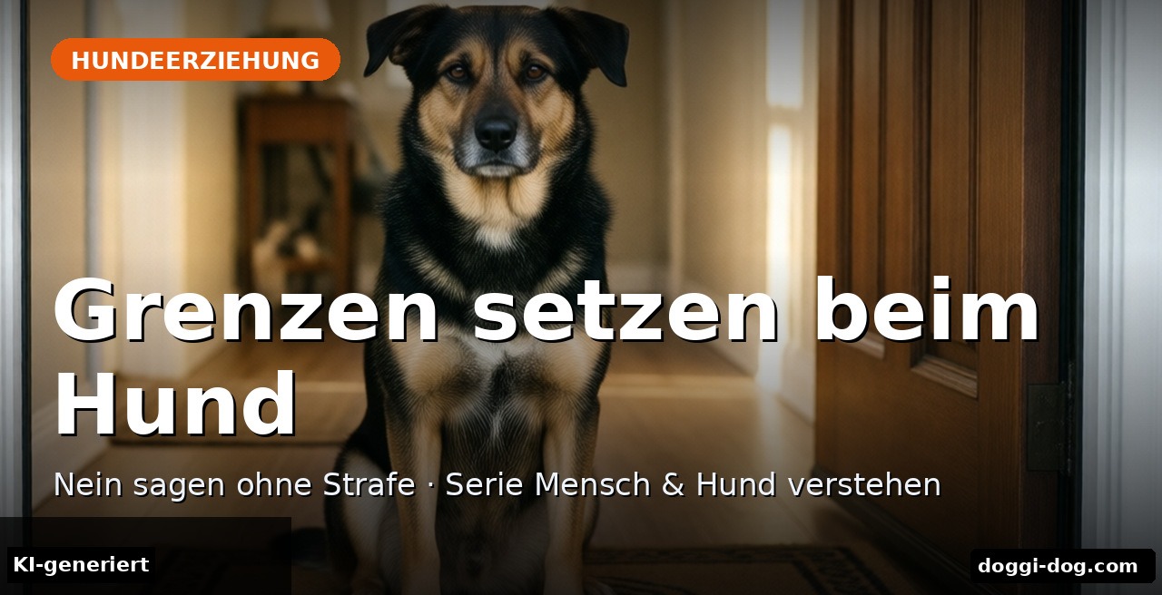 Ruhig sitzender Hund an einer Haustuer - Titelbild zum Beitrag 'Grenzen setzen beim Hund' (KI-generierte Darstellung)