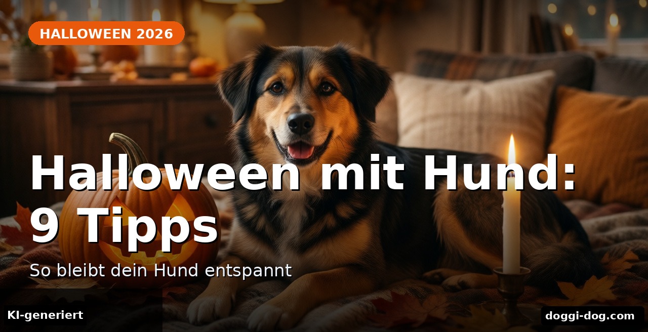 Entspannter Hund liegt an Halloween neben einem beleuchteten Kürbis auf einer Decke