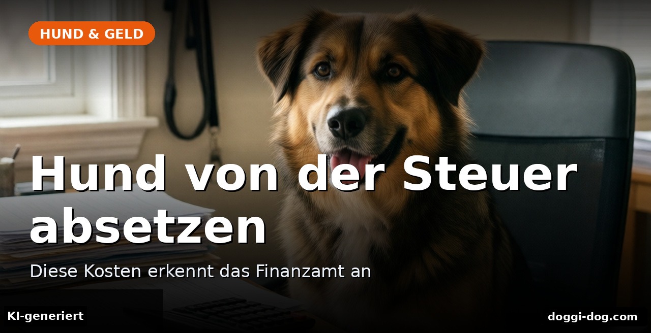 Hund von der Steuer absetzen – Hund sitzt neben Unterlagen und Taschenrechner im Homeoffice